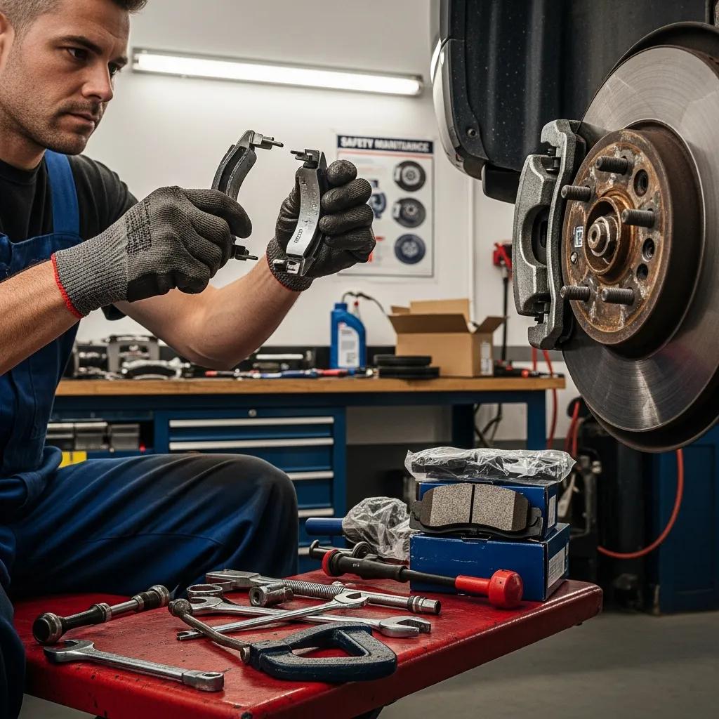 Mechanic replacing brake pads during a brake repair service