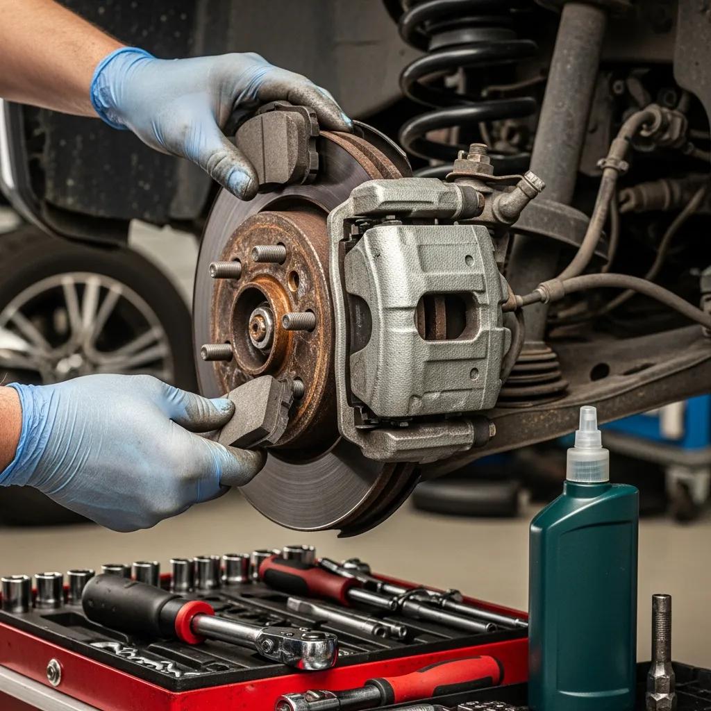 Mechanic replacing brake pads on a vehicle