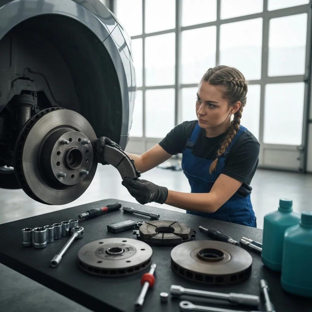 Mechanic replacing brake pads on a vehicle in a garage