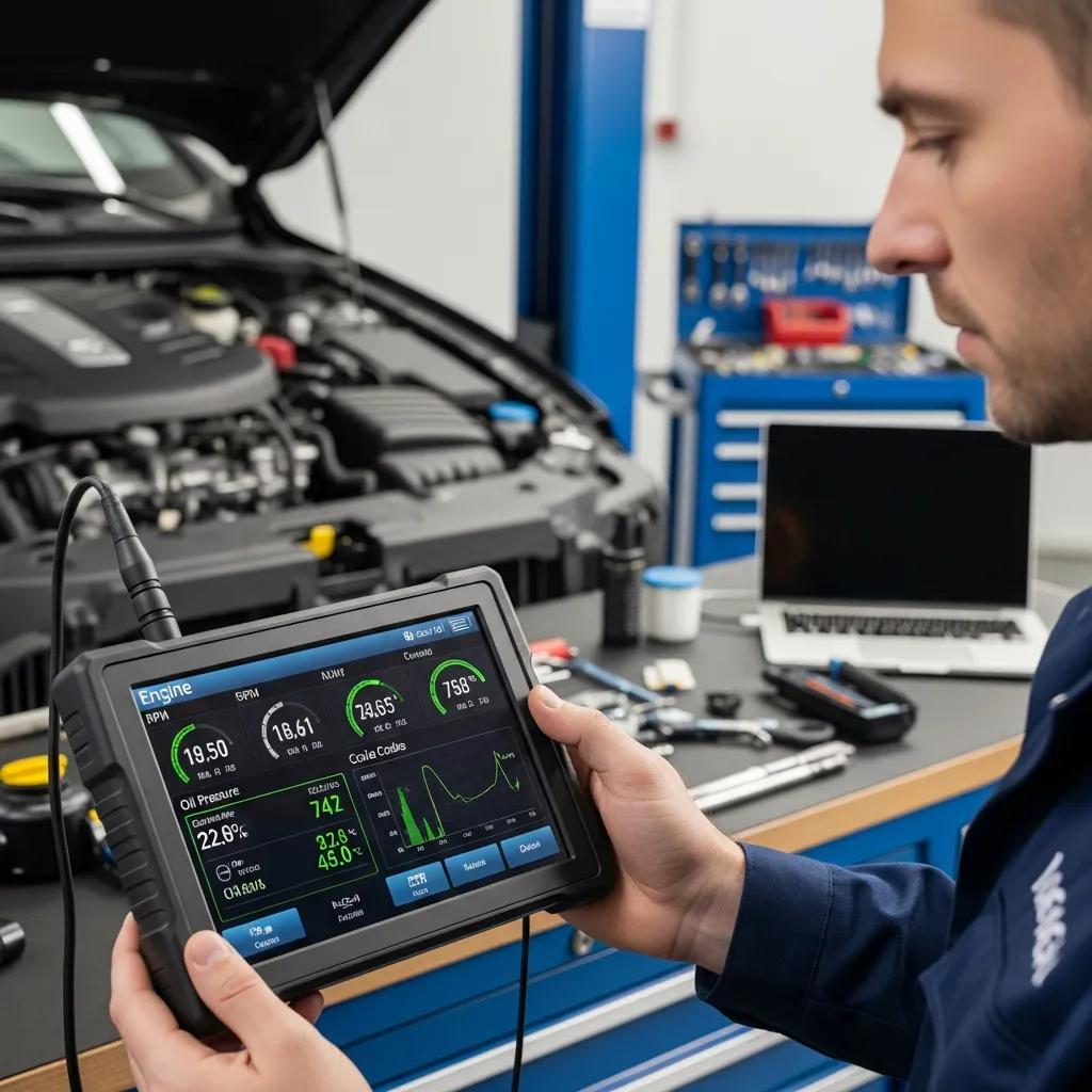 Mechanic using a diagnostic tool on a car engine to identify issues