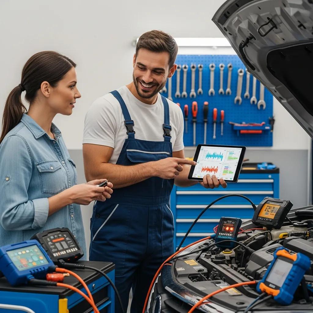 Mechanic using advanced diagnostic tools on a vehicle, explaining the process to a customer, emphasizing transparency and trust