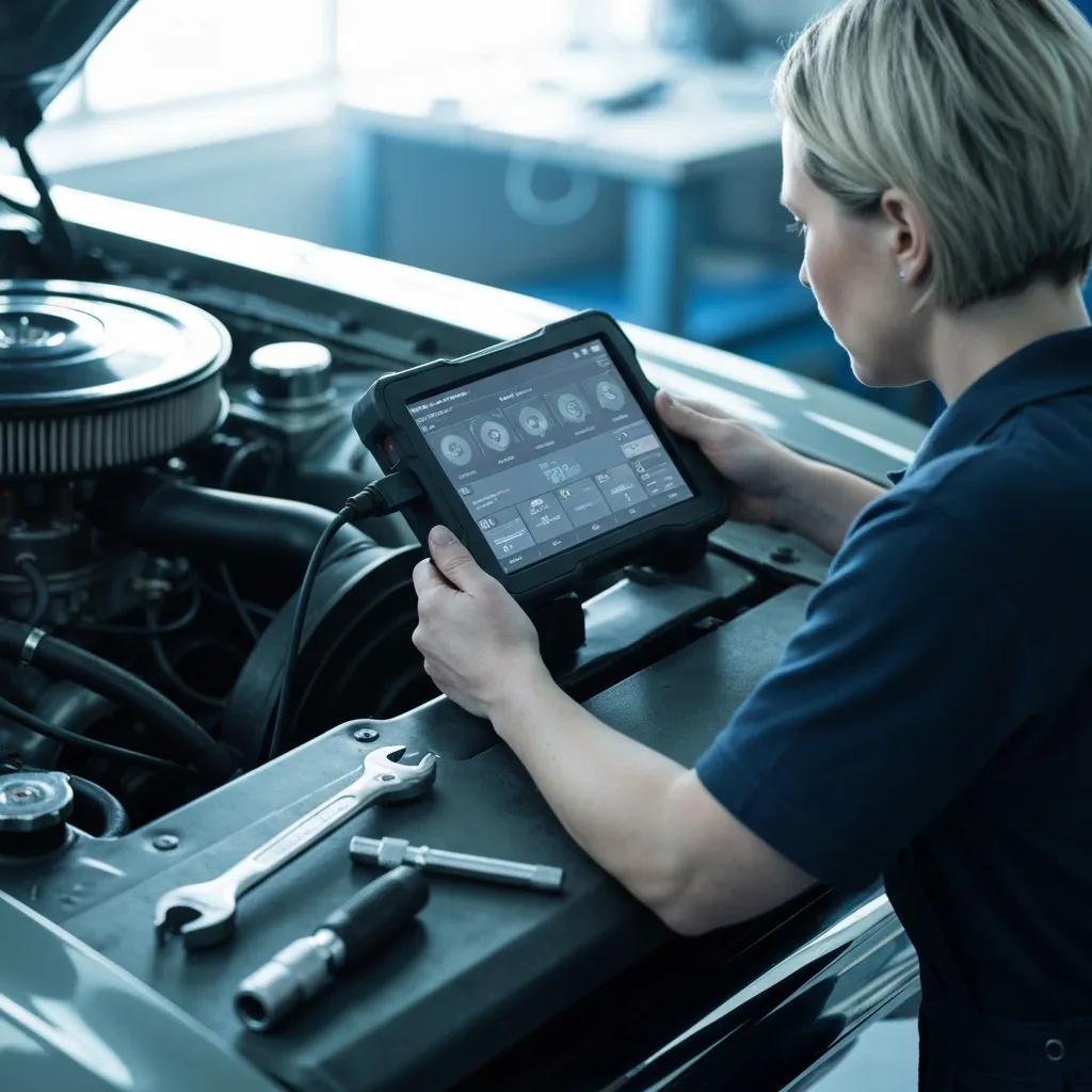 Mechanic using an OBD-II scanner on a vehicle, emphasizing high-tech engine diagnostic services