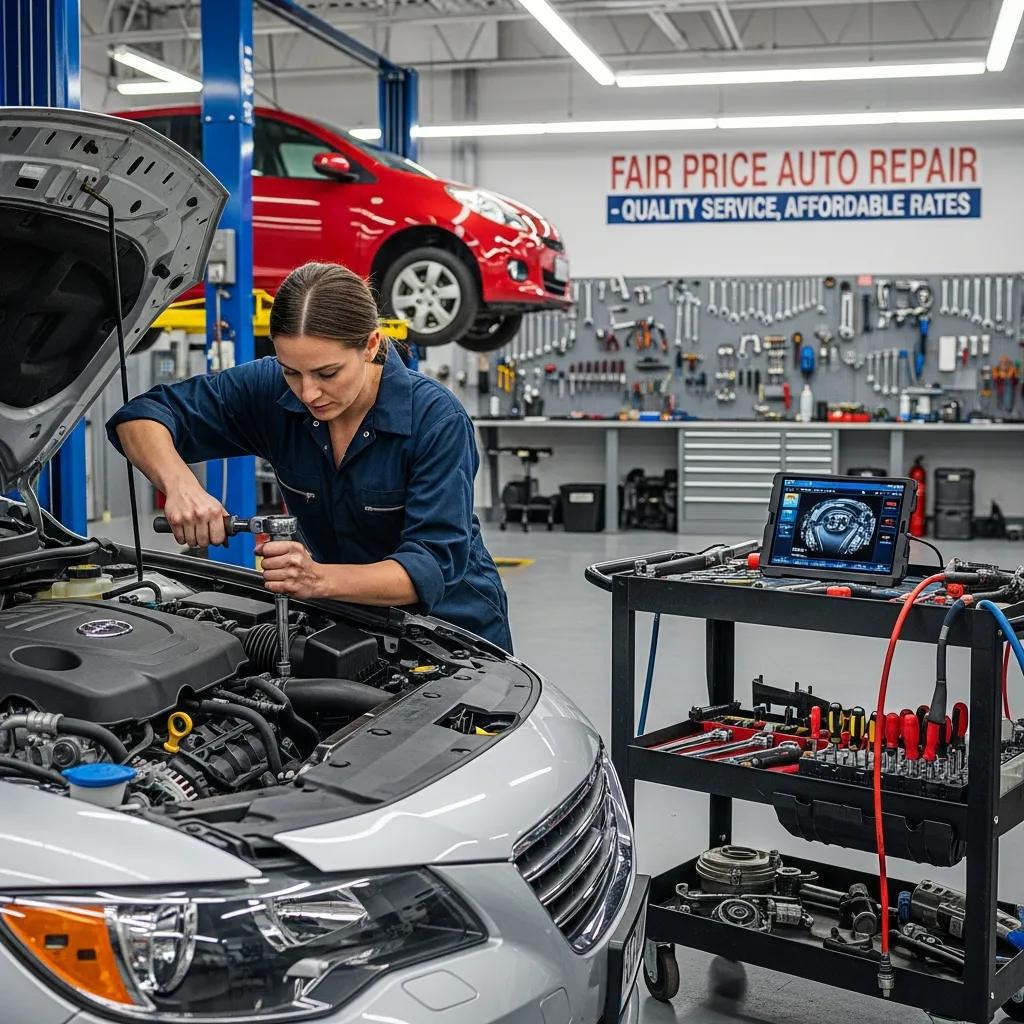 Mechanic working on a car in a clean auto repair shop, emphasizing affordable car repair services