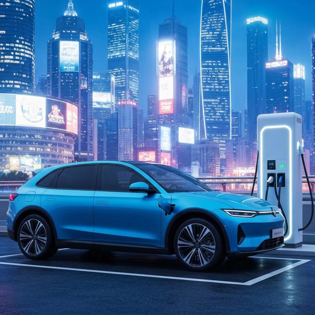 Modern electric vehicle charging at a public station with a city skyline in the background