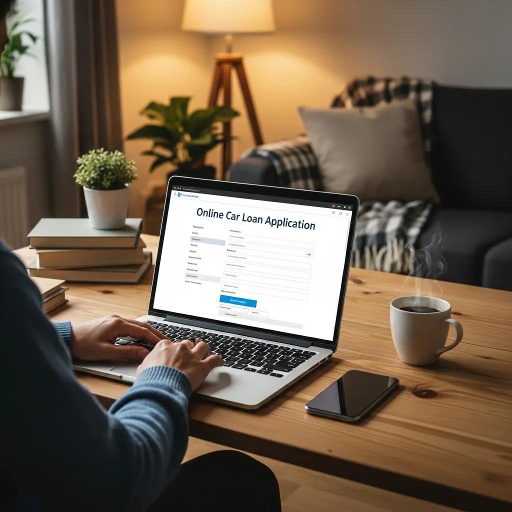 Person applying for a luxury car loan online in a cozy home environment
