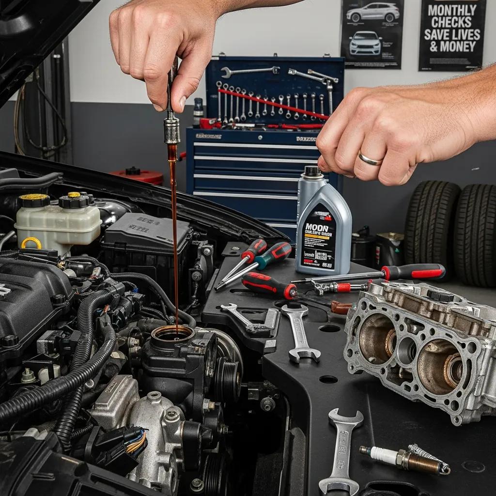 Person checking engine oil level in a car, highlighting monthly maintenance checks