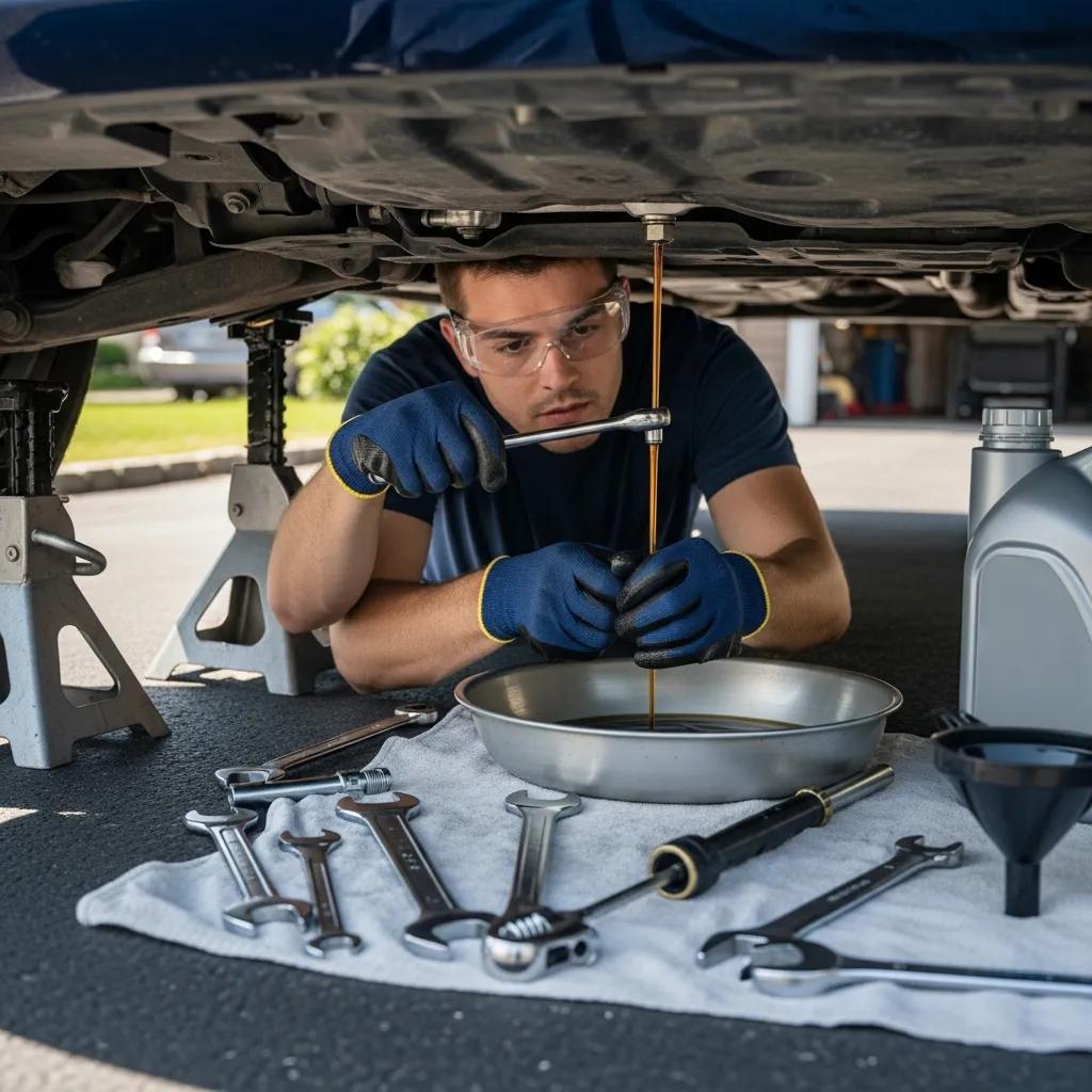 Person performing a DIY oil change on a car in a home driveway