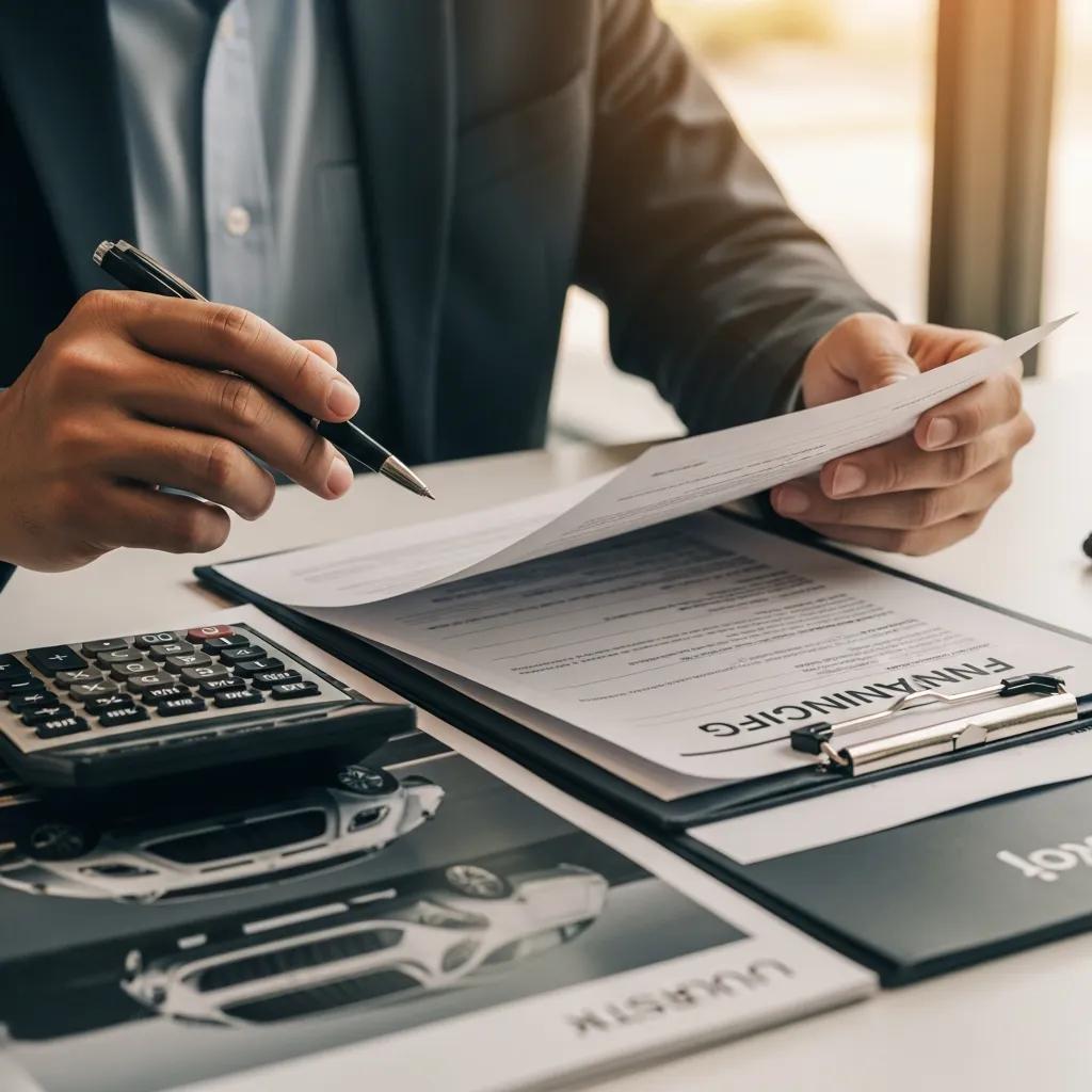 Person reviewing financing documents for a luxury car purchase, highlighting the importance of financing options