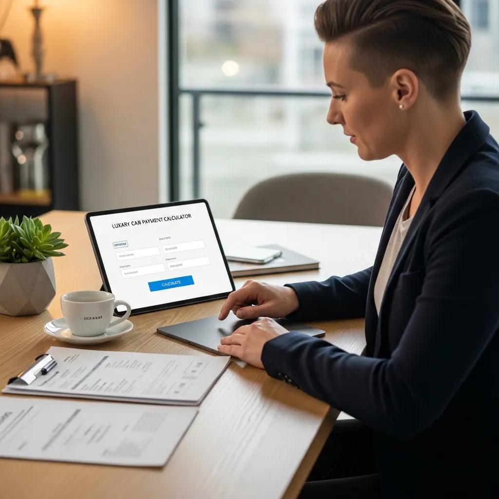 Person using a luxury car payment calculator, illustrating the process of estimating car loan payments