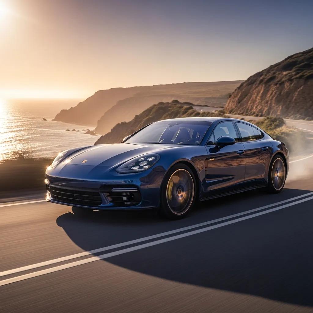 Porsche Panamera driving on a scenic road, highlighting performance and luxury