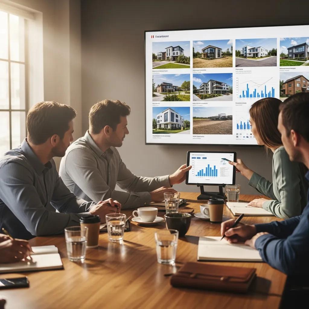 Real estate professionals reviewing property portfolios in a conference room, illustrating collaborative investment strategy