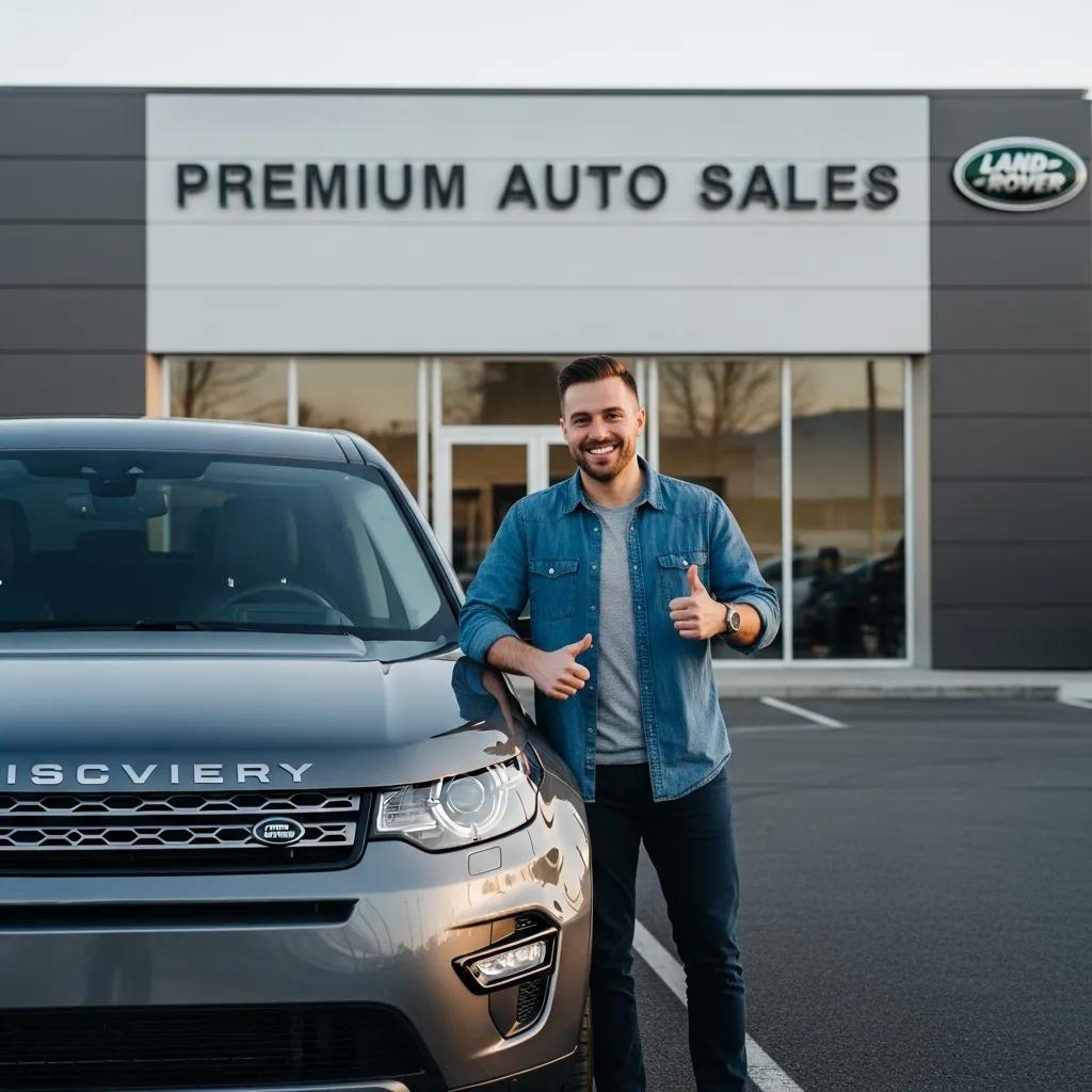 Satisfied customer celebrating their purchase of a used Land Rover at Columbus Luxury Cars LLC