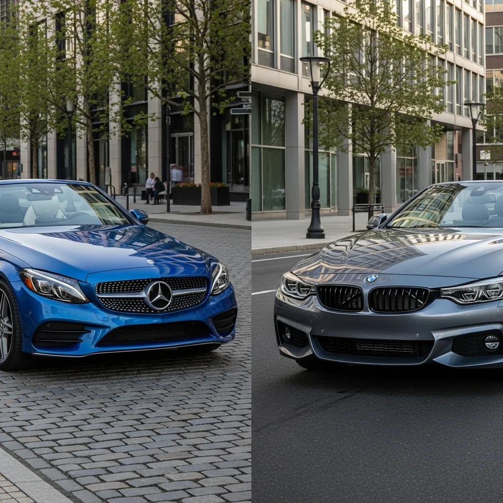 Side-by-side comparison of a Mercedes-Benz C-Class Convertible and a BMW 4 Series Convertible in an urban setting