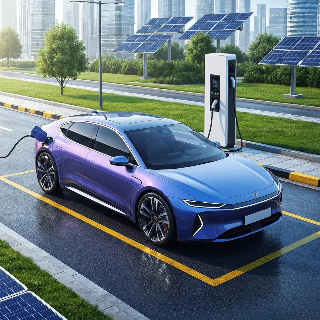 Sleek electric vehicle charging at a modern station in a futuristic cityscape
