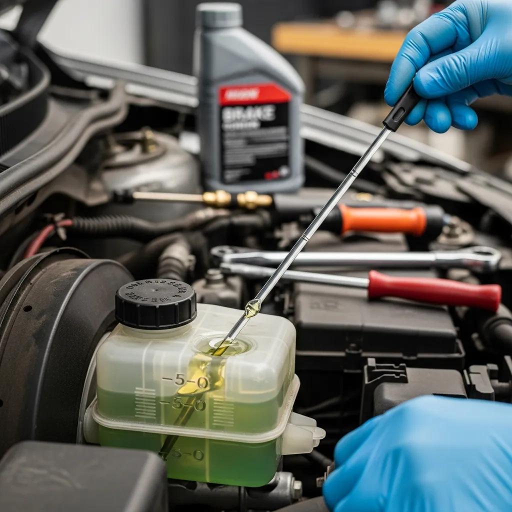 Technician checking brake fluid level in a vehicle
