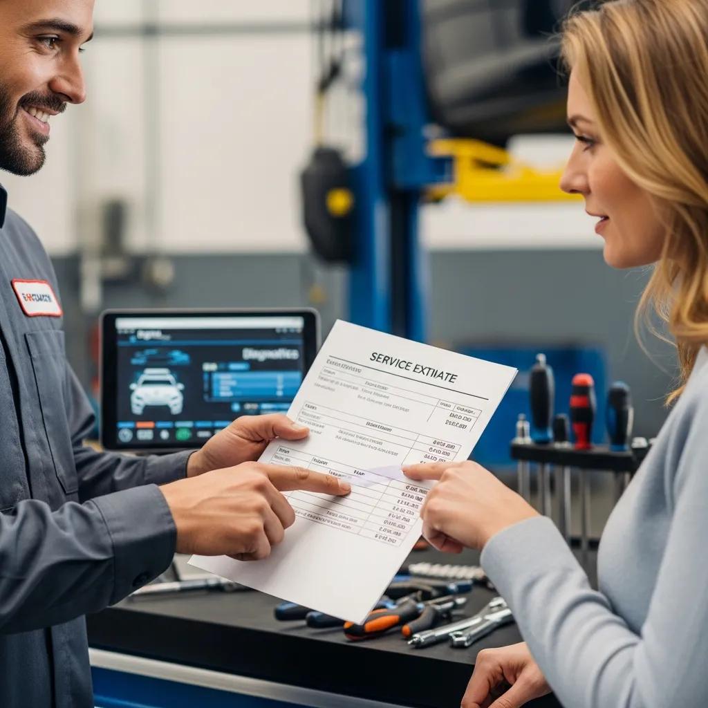 Technician explaining a service estimate to a customer, highlighting transparent pricing and trust in auto repair services