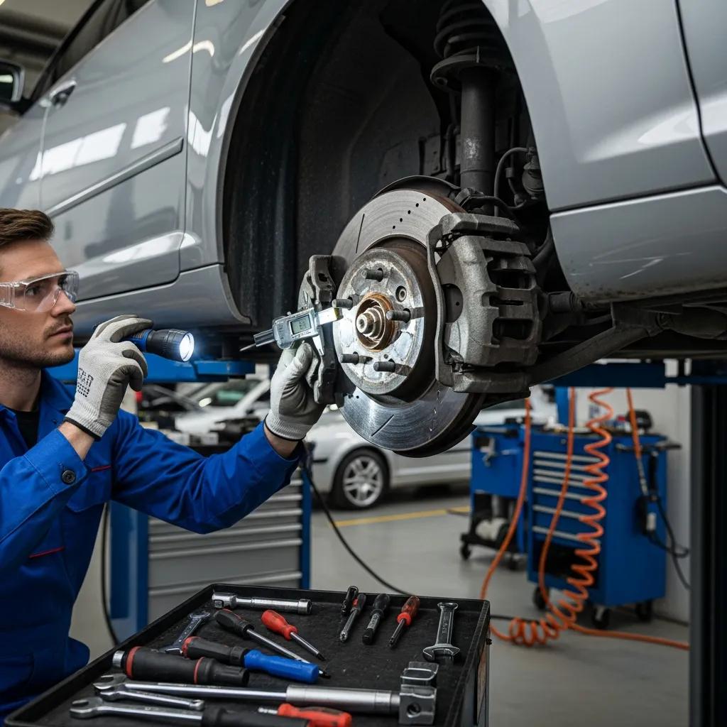 Technician inspecting a car's brake system, emphasizing thoroughness and safety in auto repair