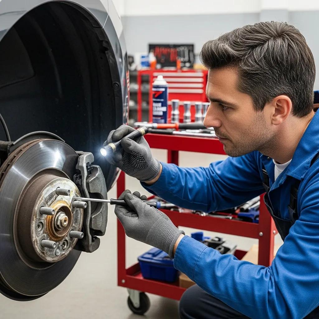 Technician inspecting a car's braking system with tools and brake components