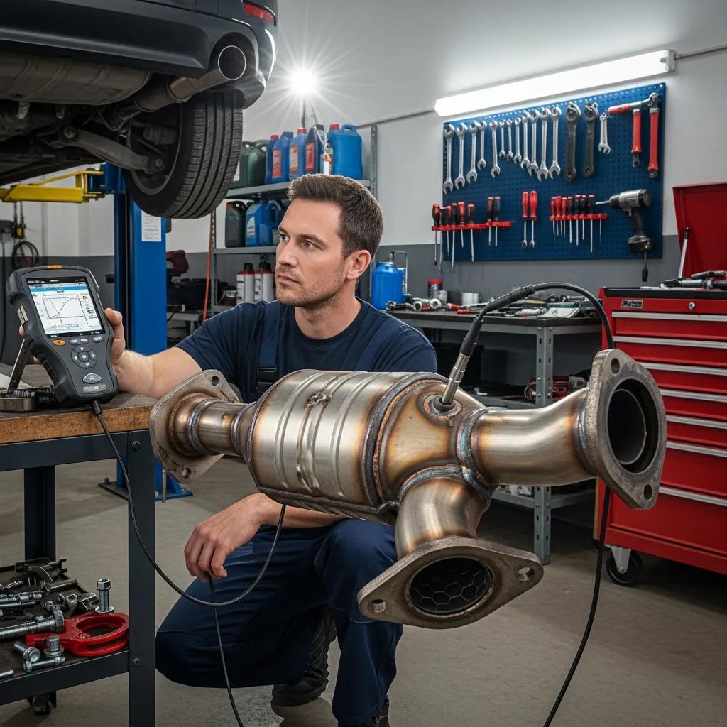 Technician inspecting a catalytic converter in an auto service garage