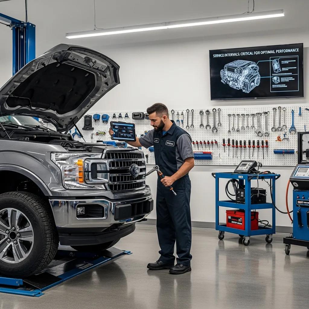 Technician inspecting a Ford F-150 engine in a modern auto care facility, highlighting service intervals