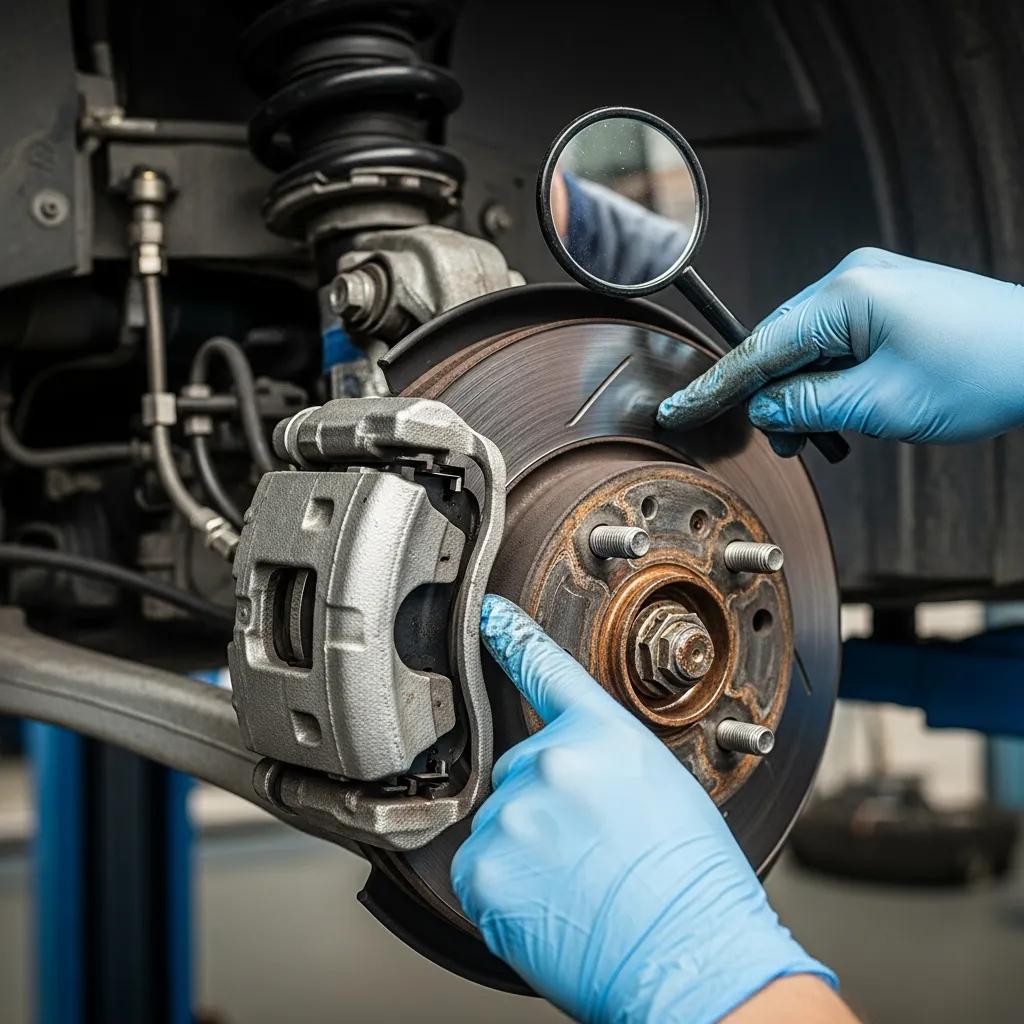 Technician inspecting brake components and suspension parts of a vehicle