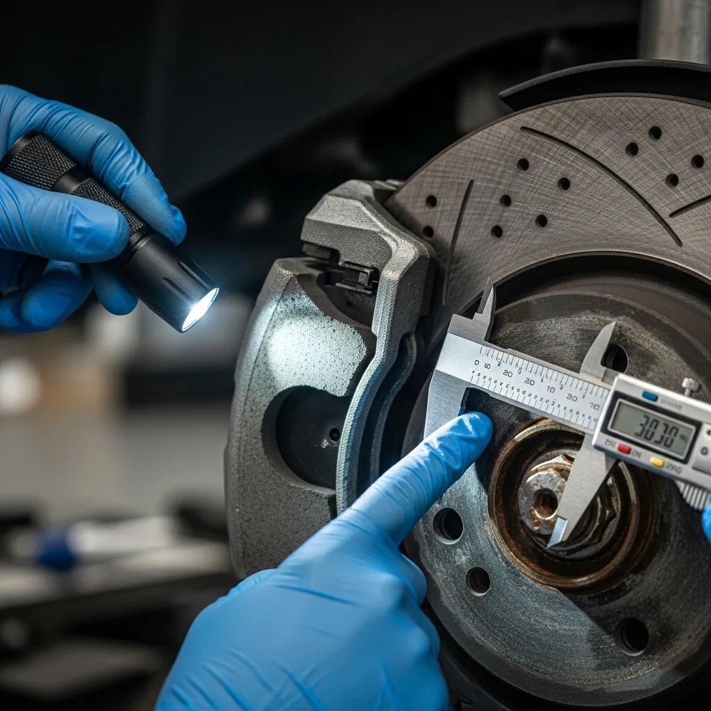 Technician checking brake parts during a repair