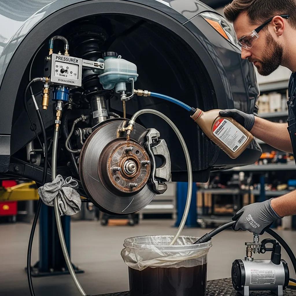 Technician performing a brake fluid exchange on a vehicle