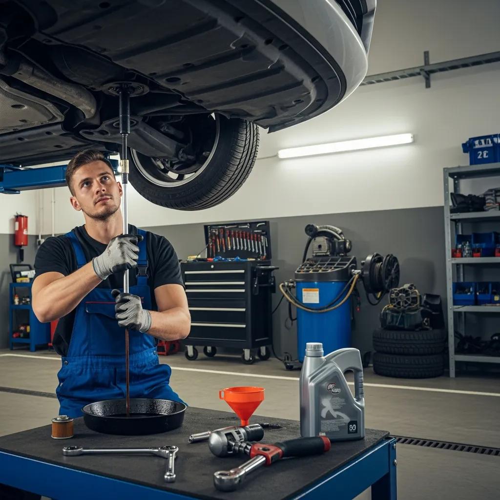 Technician performing an oil change on a car in a professional garage