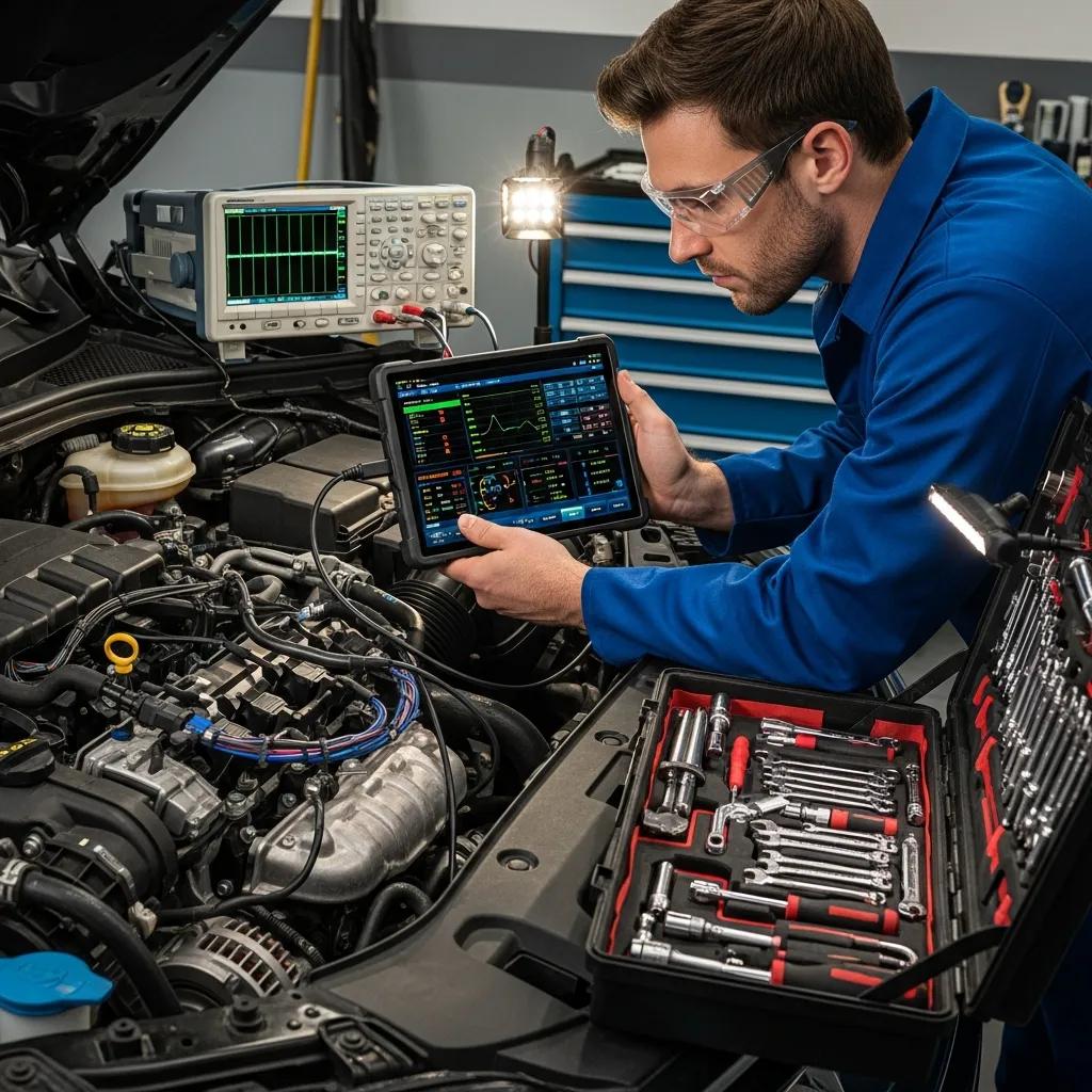 Technician performing engine diagnostics with advanced tools, highlighting expertise in auto repair services