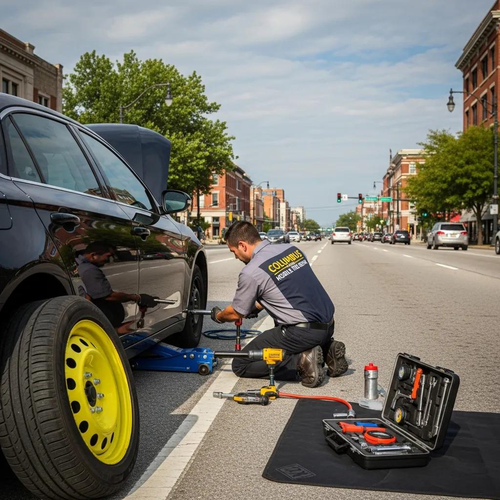 Technician performing mobile tire repair on a vehicle at the roadside in Columbus