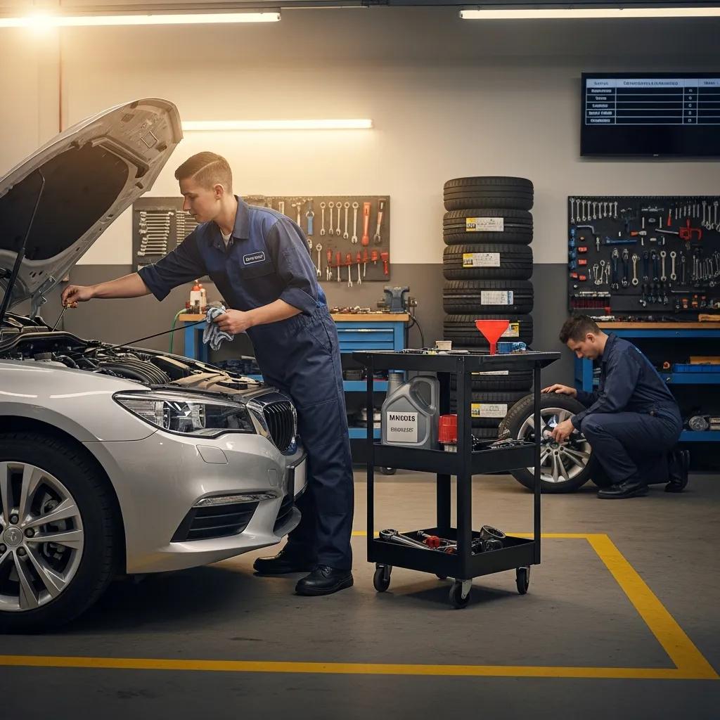 Technician performing preventive maintenance on a vehicle, checking fluid levels and inspecting tires