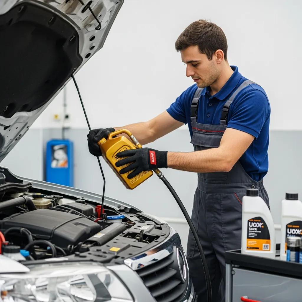 Technician performing preventive maintenance on a vehicle during an oil change