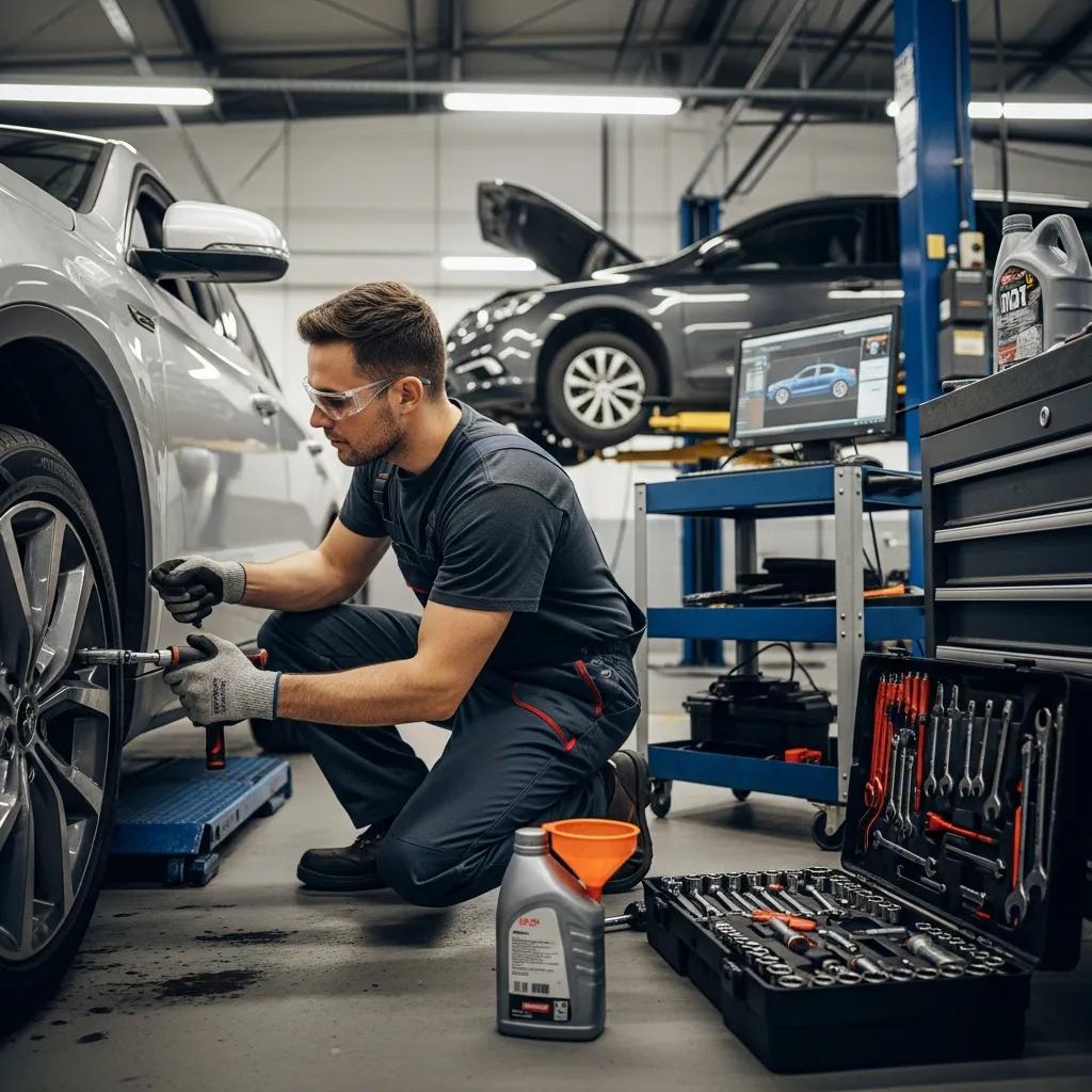 Technician performing routine preventive maintenance under a vehicle