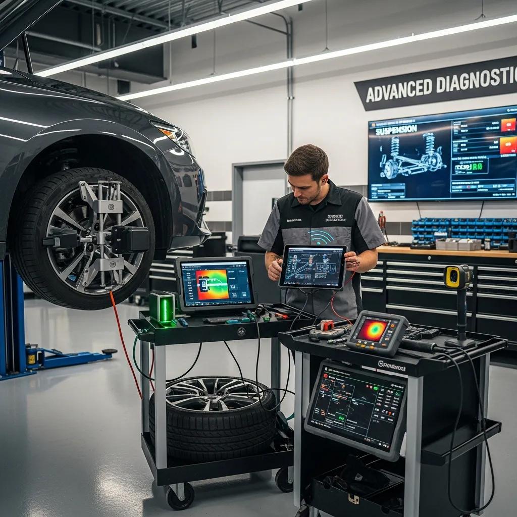 Servicing a luxury vehicle's suspension with professional equipment