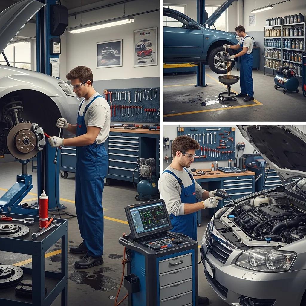 Technicians performing various auto repair services including brake repair and engine diagnostics