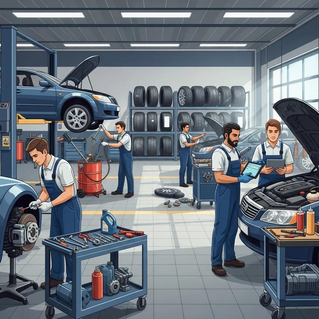 Technicians performing various auto repair services, including brake repair and oil changes, emphasizing teamwork and efficiency