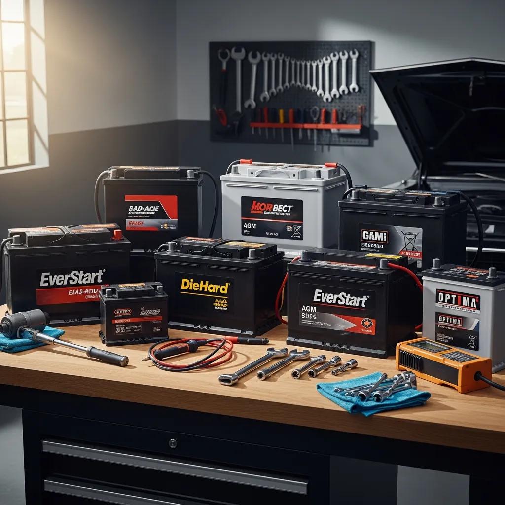 Variety of car batteries on a workbench in a garage, emphasizing reliability and automotive care