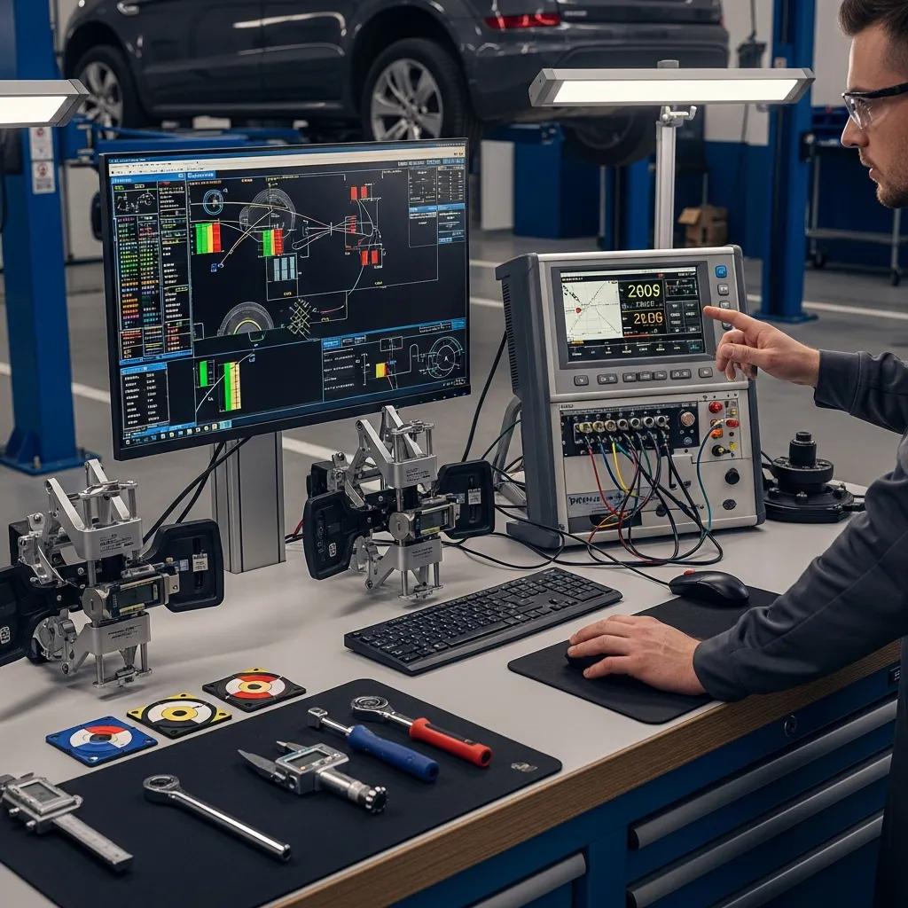 Diagnostic equipment and tools used by ASE-certified technicians for suspension checks