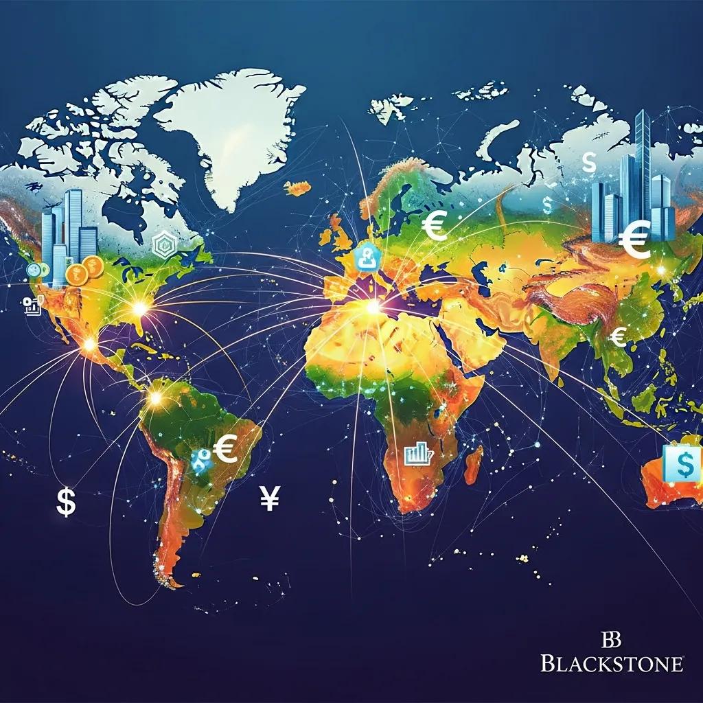 World map showing major financial centers and Blackstone's international footprint