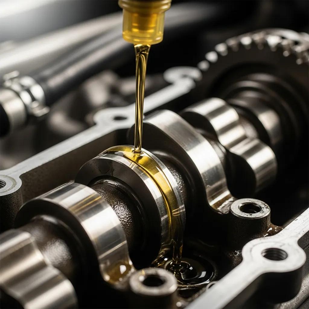 Close-up of engine components being lubricated with oil, showcasing the importance of engine oil in reducing friction