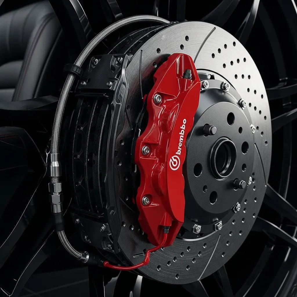 Close-up of luxury vehicle brake system components, emphasizing high-performance features