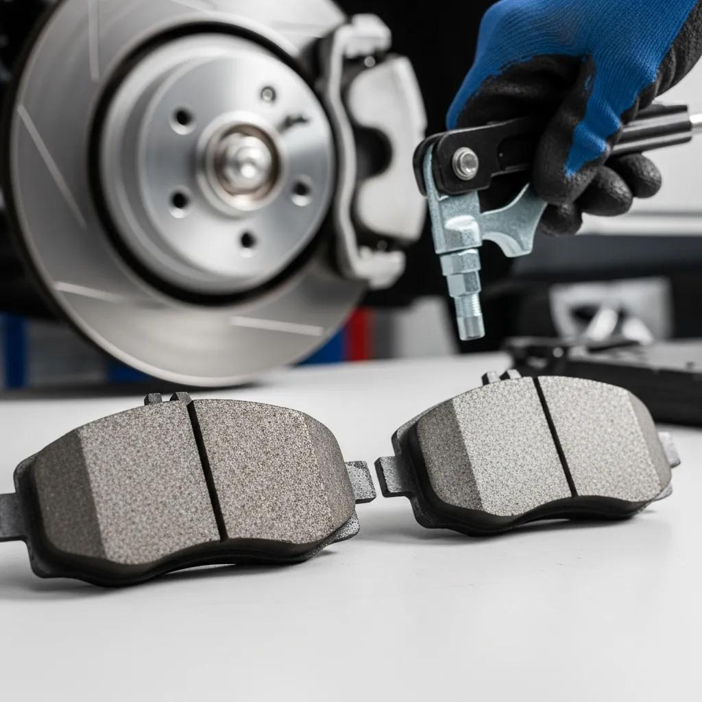 Close-up of worn and new brake pads, emphasizing the importance of timely brake pad replacement