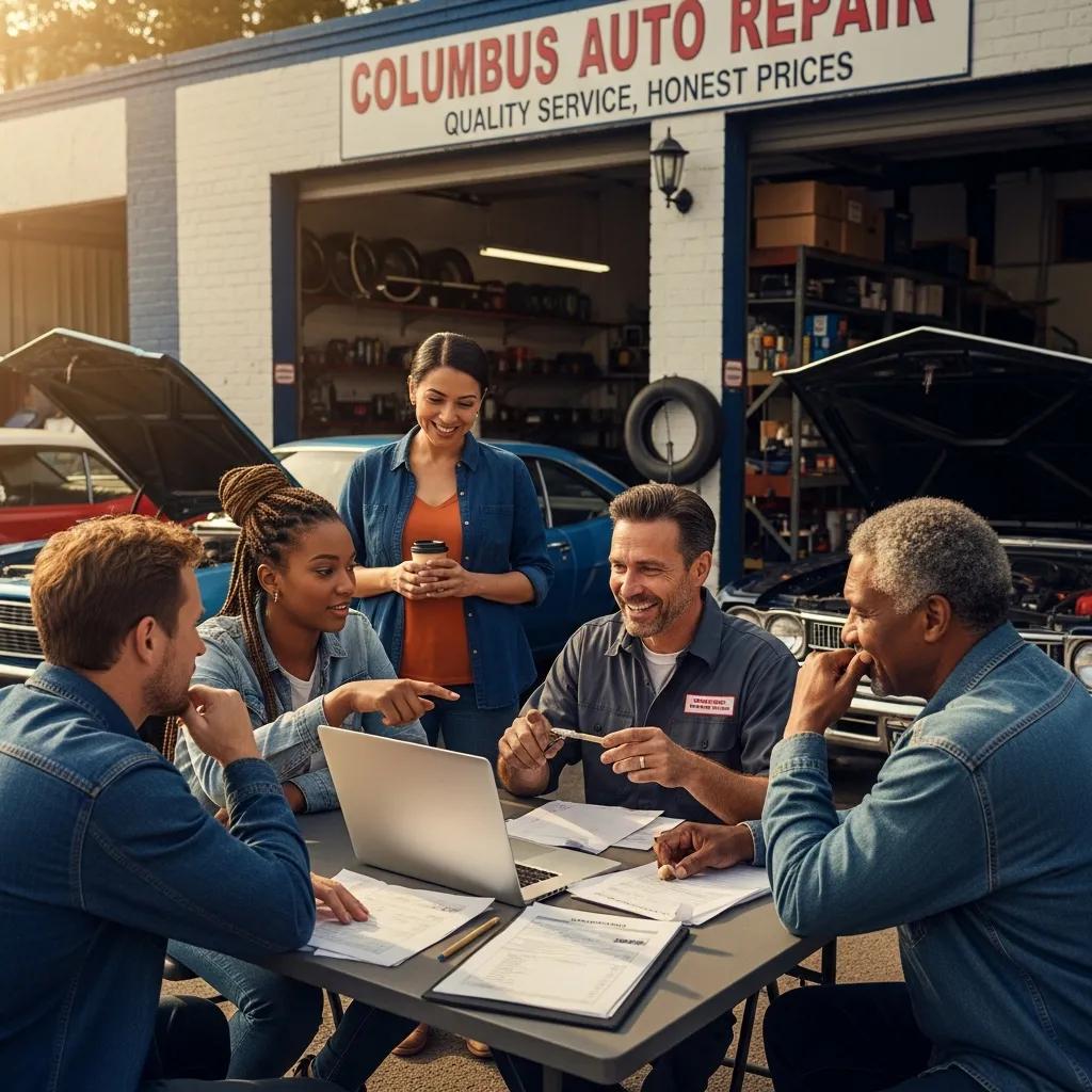 People talking outside a Columbus auto shop about local repair options
