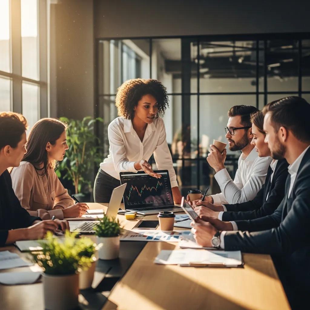 Diverse professionals discussing investment strategies in a modern office, emphasizing collaboration and innovation