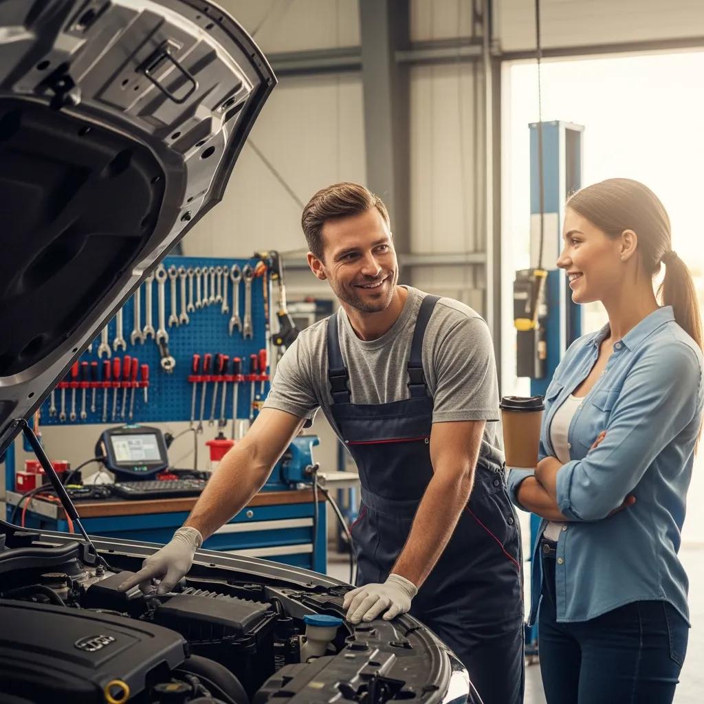 Friendly auto mechanic assisting a customer in a modern auto repair shop, highlighting trust and service excellence