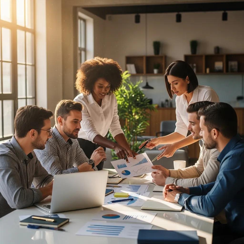 Investors discussing strategies in a modern office setting, emphasizing collaboration and financial planning
