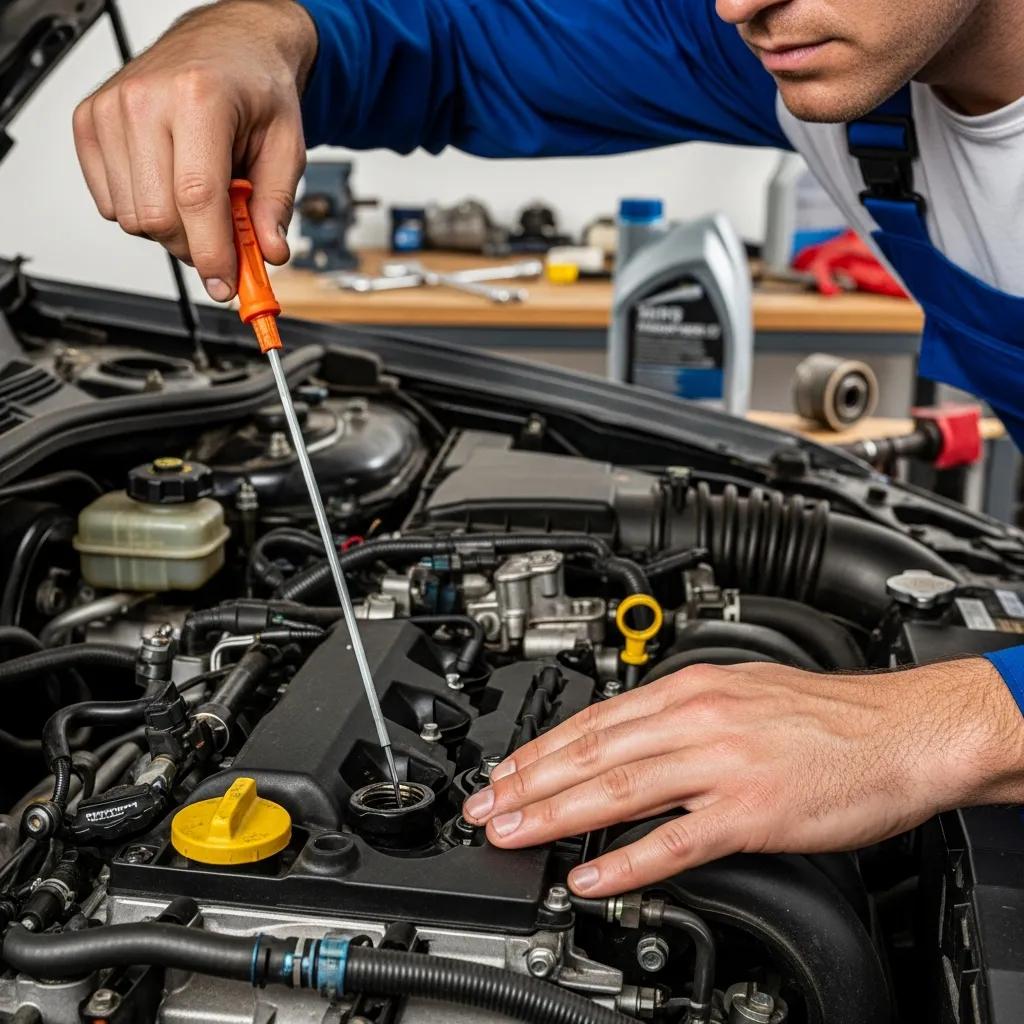 Mechanic checking fluid levels under the hood of a car, highlighting the importance of preventative maintenance