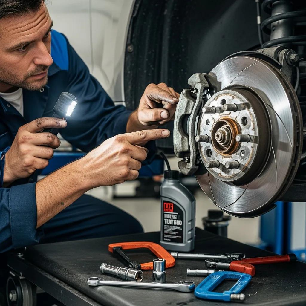 Mechanic inspecting a car's brake system, illustrating the importance of regular auto repairs for safety