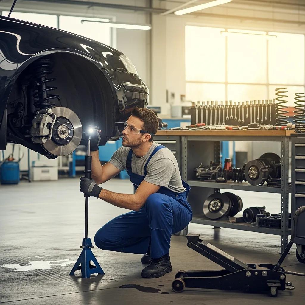 Mechanic inspecting a car's suspension system in an auto repair shop