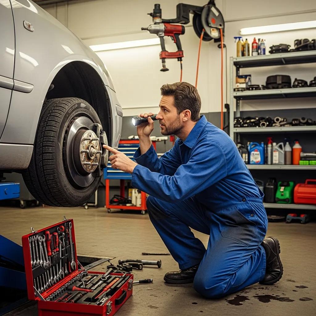 Mechanic inspecting brake pads and tires in an auto repair shop, emphasizing safety and maintenance